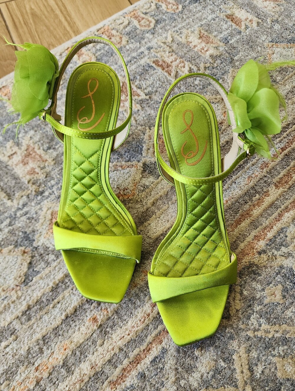Leana Sandal-Sam Edelman Lime Green Satin Floral  Ankle-Strap Heels - Picture 4 of 7